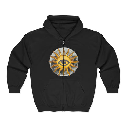 Sun Eye Zip Hoodie — Mystical Sun Symbol Full-Zip Sweatshirt