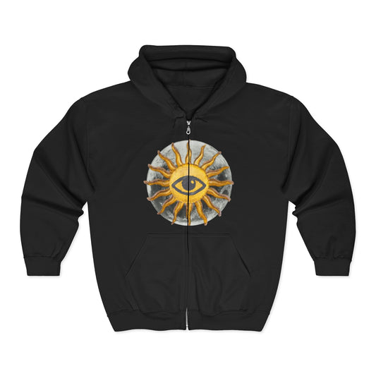 Sun Eye Zip Hoodie — Mystical Sun Symbol Full-Zip Sweatshirt