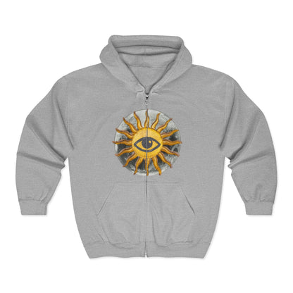 Sun Eye Zip Hoodie — Mystical Sun Symbol Full-Zip Sweatshirt