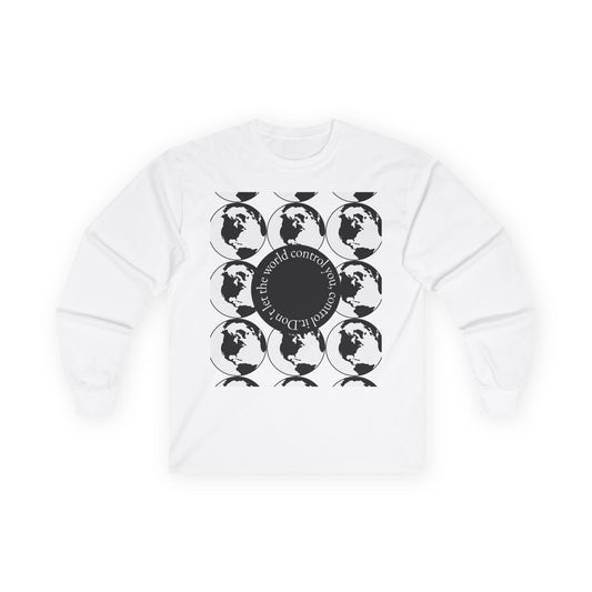 Long Sleeve Tee — Retro Globe Repeat "There Is No Country" Graphic