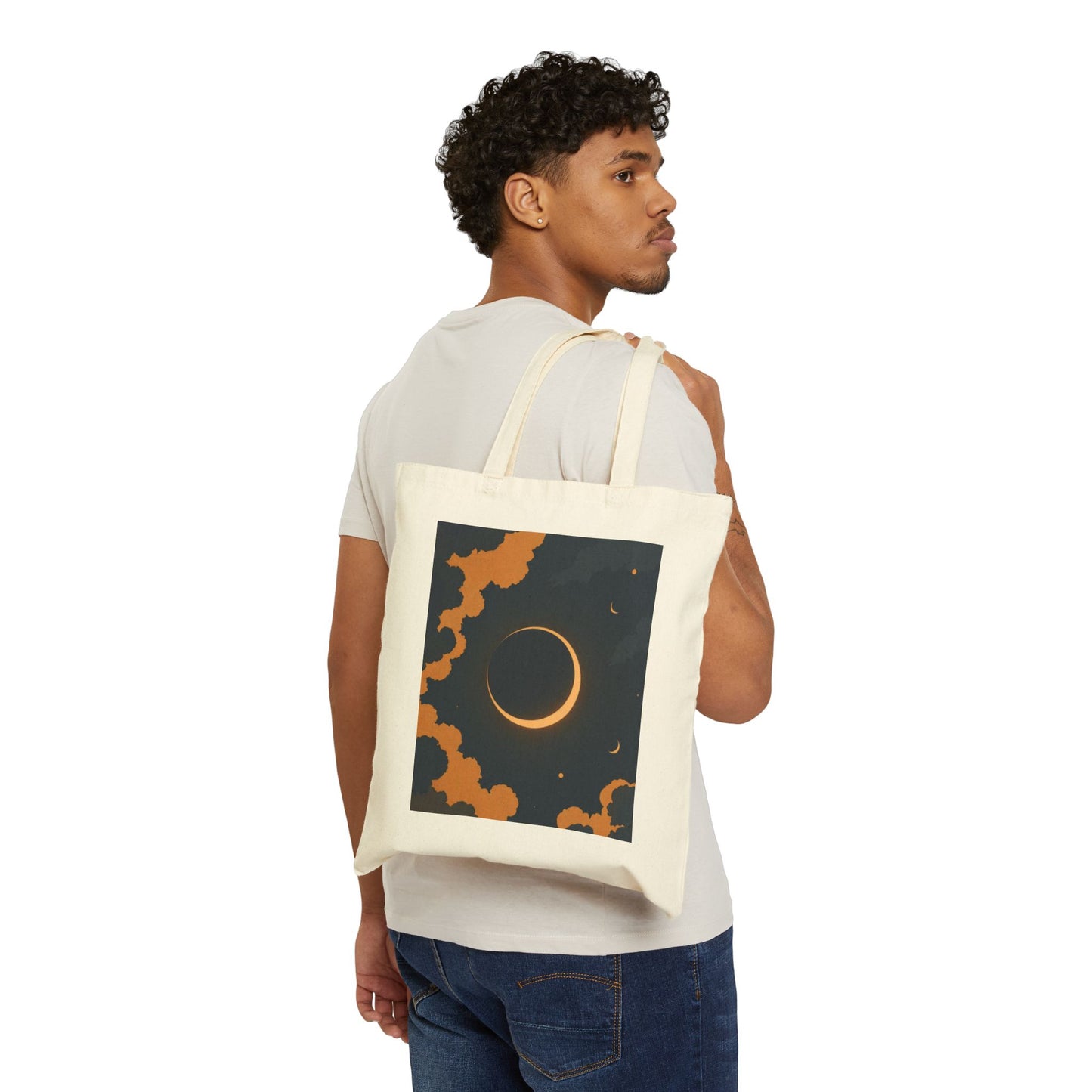 Eclipse Night Cotton Tote — Crescent Moon & Orange Clouds Canvas Bag